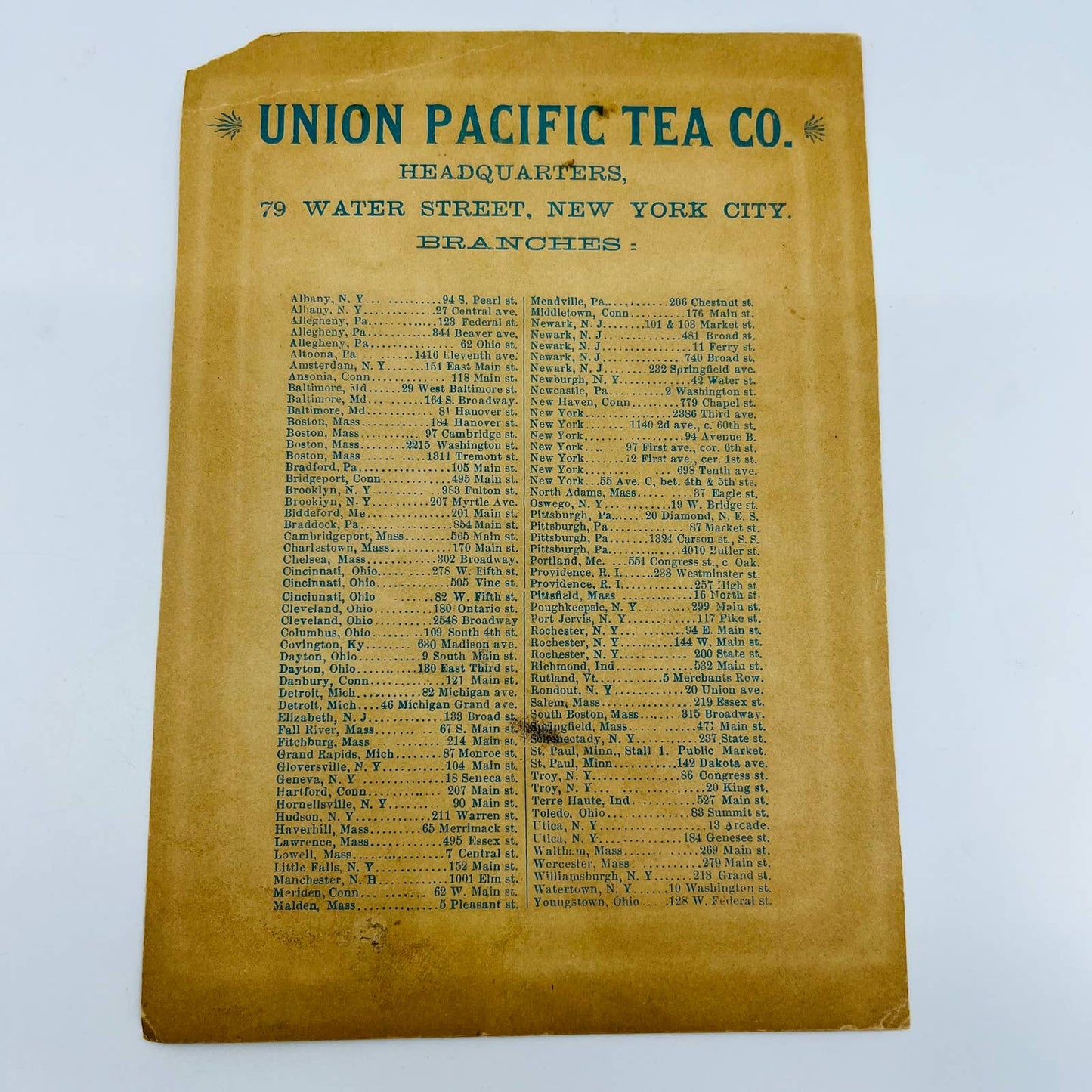 1880s Large Victorian Trade Card Union Pacific Tea Co Water St NY 7” AA5