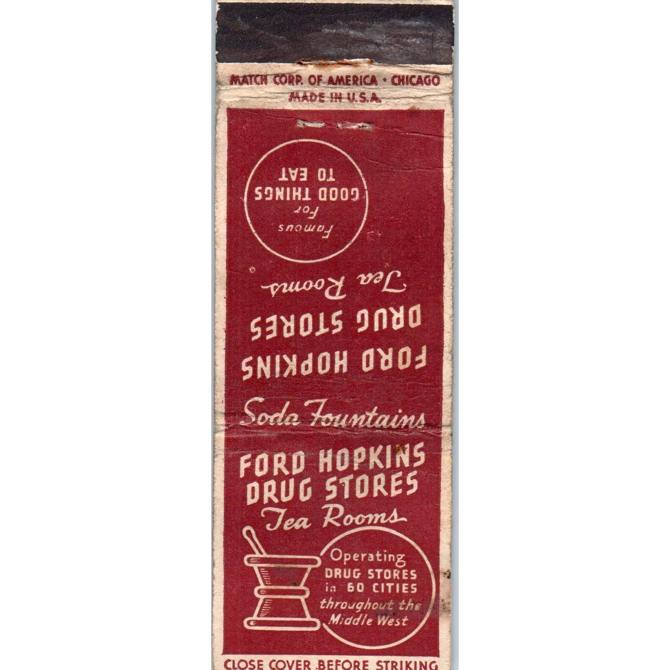 Ford Hopkins Soda Fountains Drug Stores Tea Rooms Advertising Matchbook MM9-8