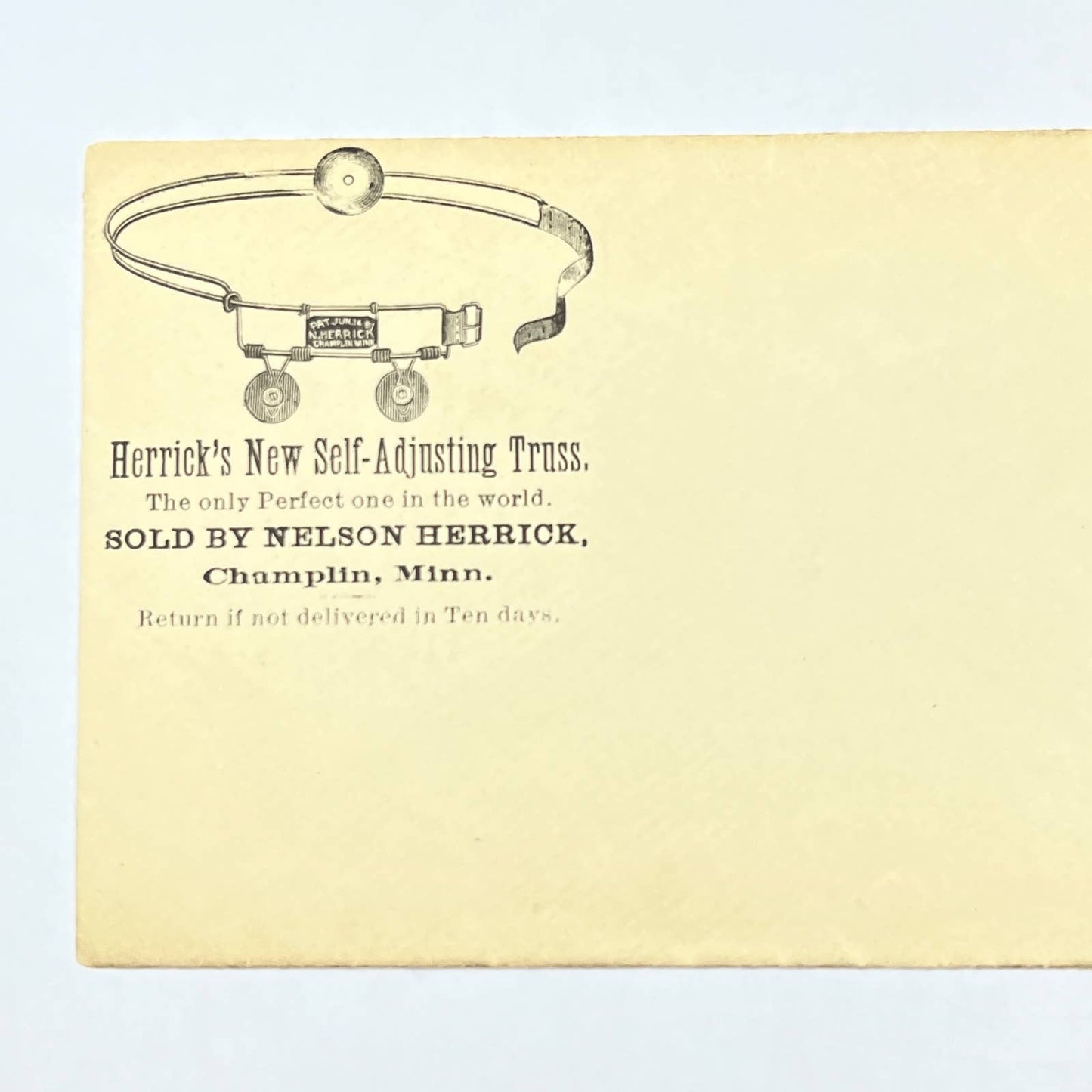 1920s Herrick's Self-Adjusting Truss Blank Envelope Champlin MN AB8