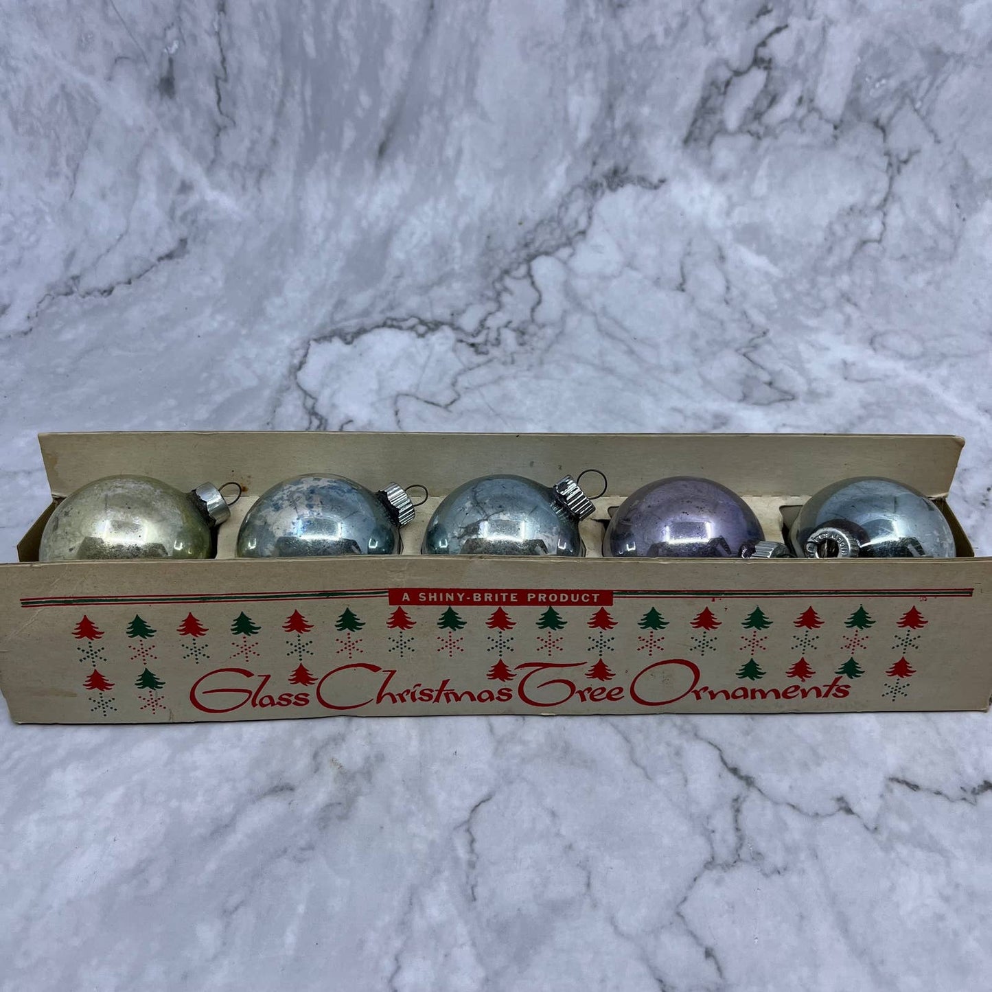 Shiny Brite Vintage Mercury Glass Ornaments Set of 5 in Box Pale Blue Silver 2"