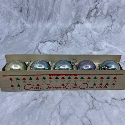 Shiny Brite Vintage Mercury Glass Ornaments Set of 5 in Box Pale Blue Silver 2"