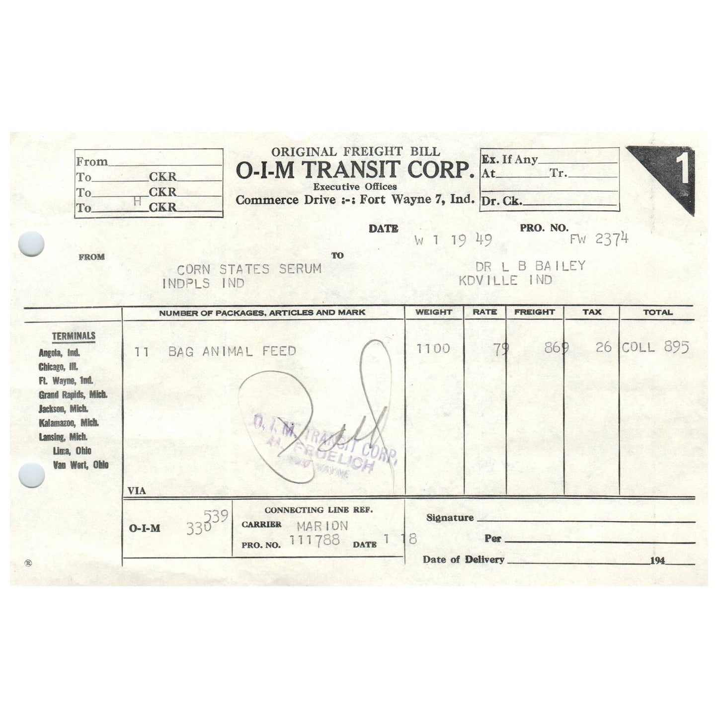 1949 O-I-M Transit Corp Transport Bill to Dr. L.B. Bailey Kendallville IN AD8-1