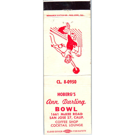 Hoberg's Ann Darling Bowl San Jose CA Advertising Matchbook Cover MM9-1