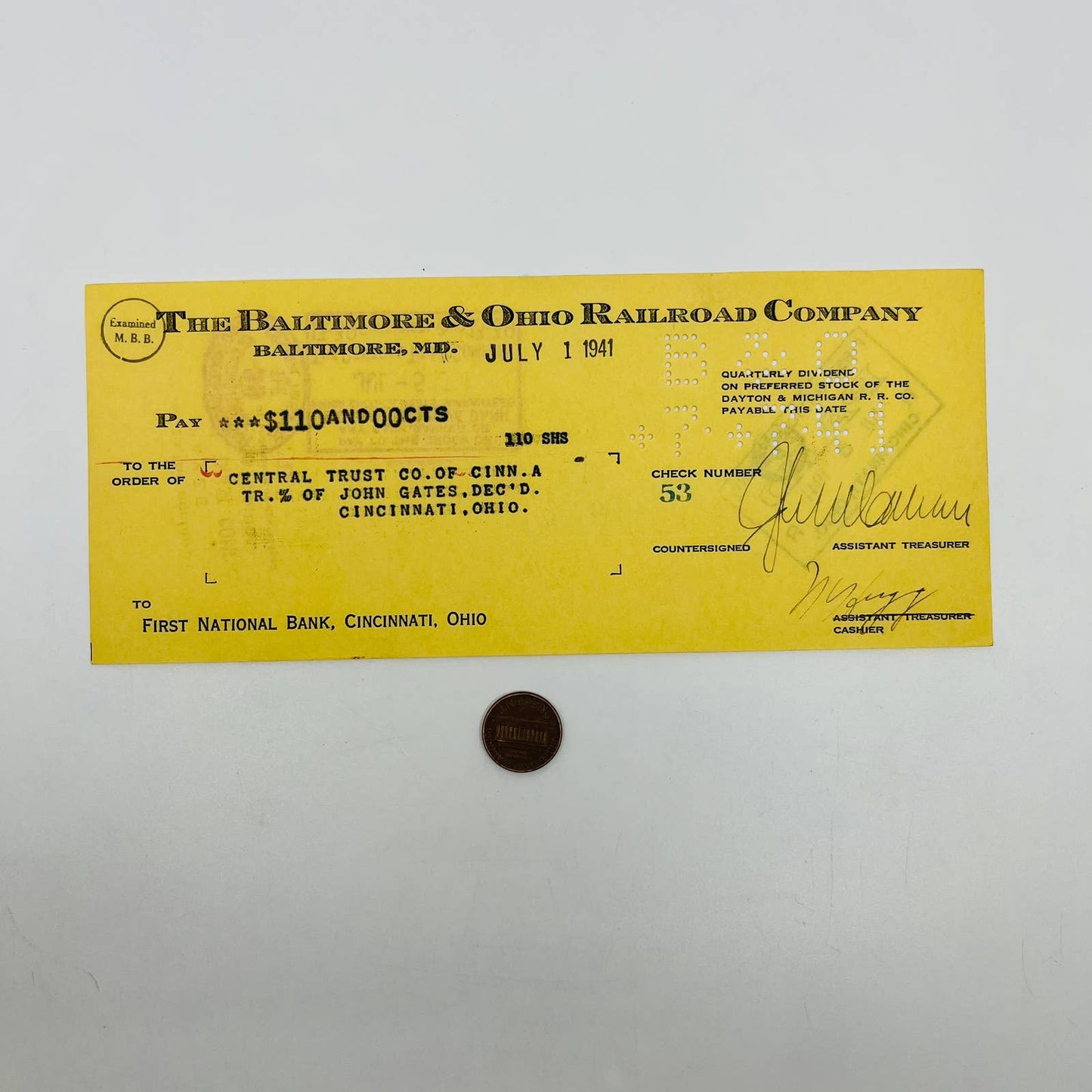 1941 Baltimore & Ohio B&O Railroad RR Quarterly Dividend Check D2