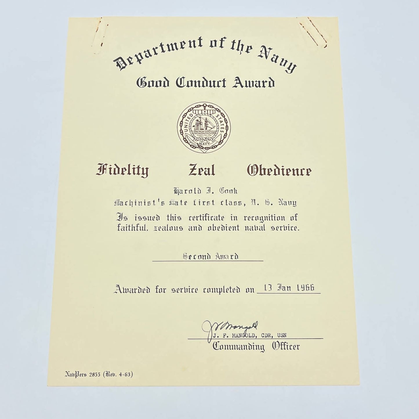 1966 US Navy Good Conduct Award Chief Machinist's Mate Harold J Cook AB7