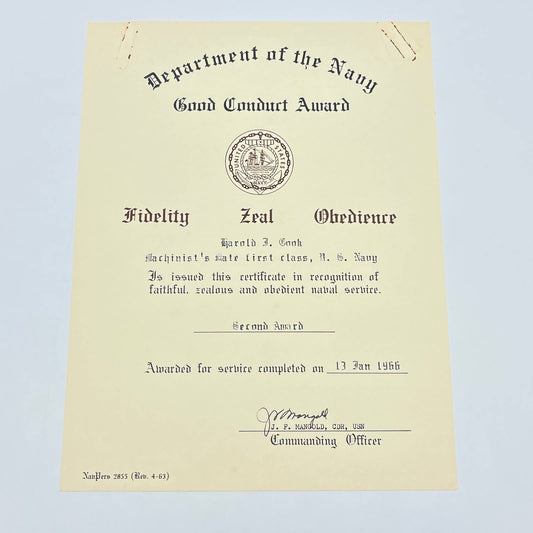 1966 US Navy Good Conduct Award Chief Machinist's Mate Harold J Cook AB7