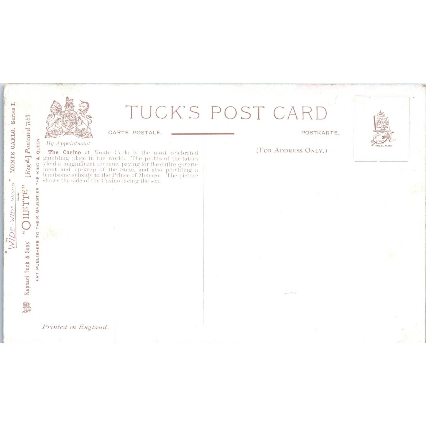 Monte Carlo Casino Raphael Tuck Oilette Original Postcard TK1-P17