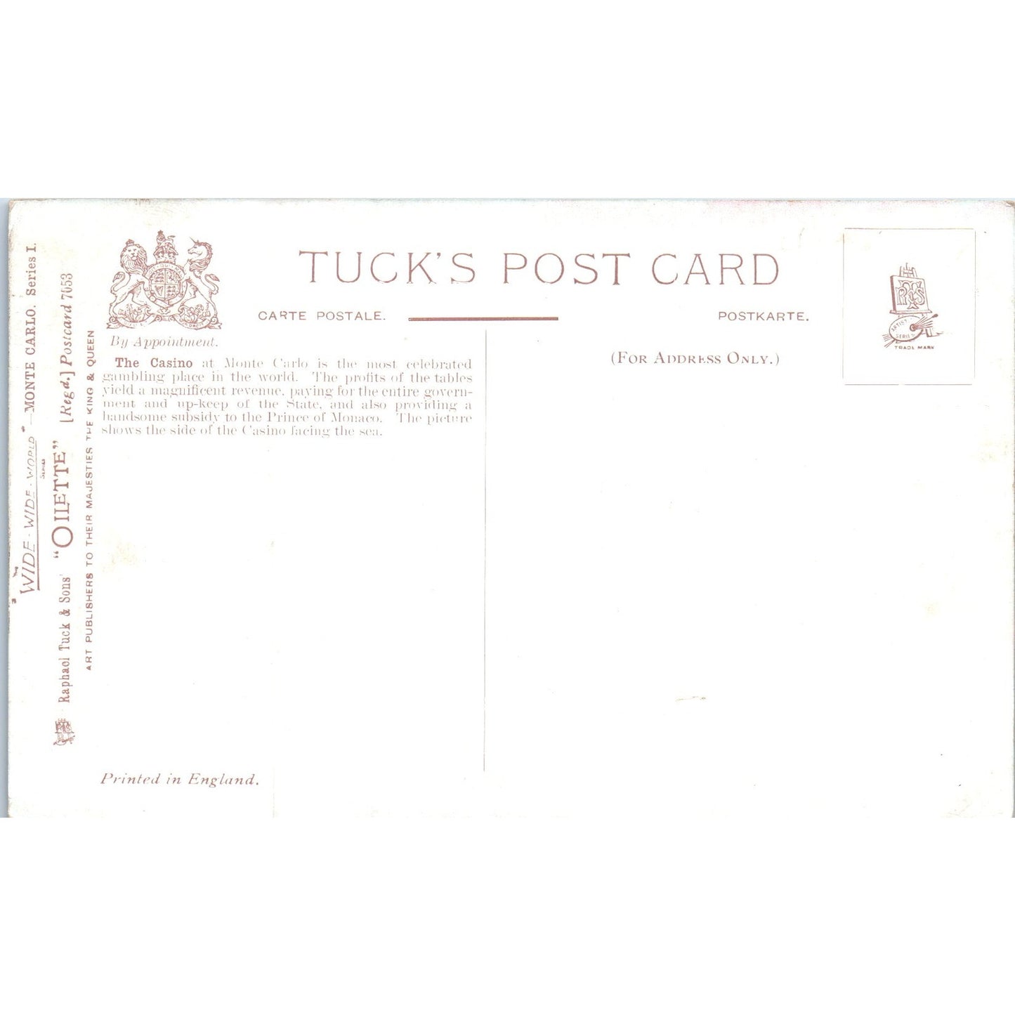 Monte Carlo Casino Raphael Tuck Oilette Original Postcard P3-2
