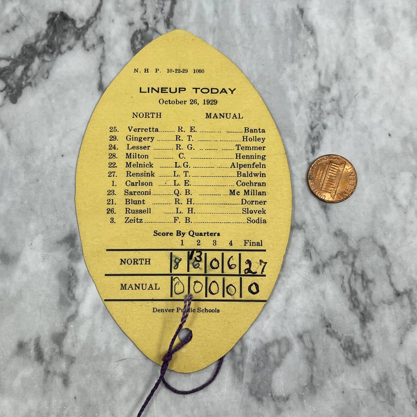 1929 North High School Vs. Manual High Denver Football Score Card TJ9-PG7