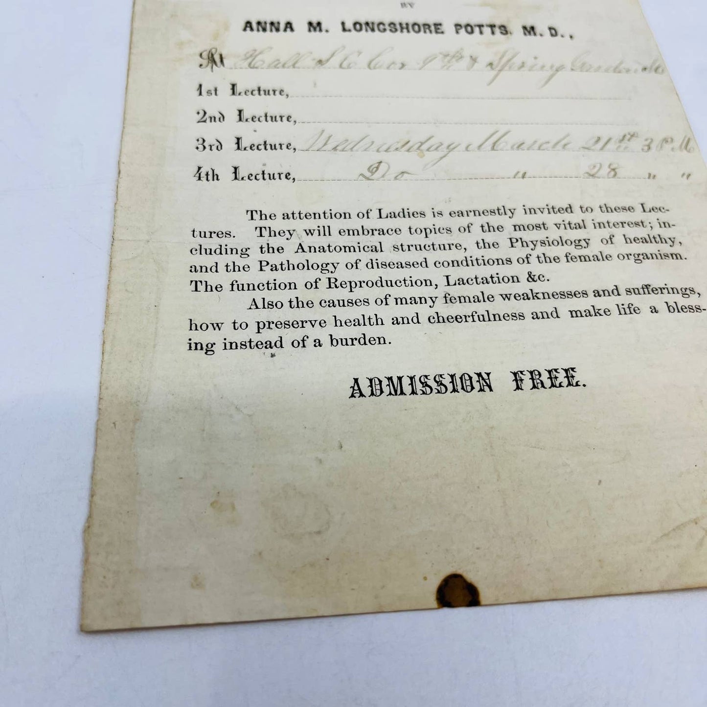 1860s Civil War Era Invitation to “Lectures to Ladies” Anna Longshore Potts D3