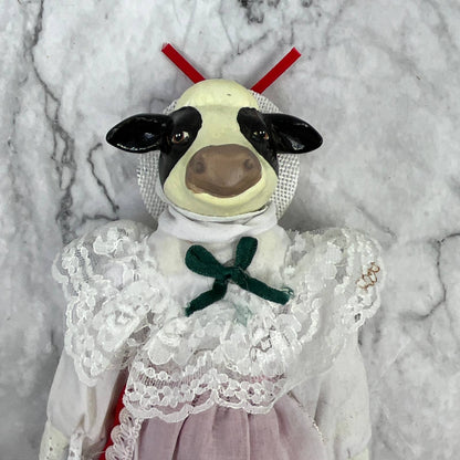 VTG BLACK & WHITE HOLSTEIN COW DOLL country lace dress w/ apron Ceramic Head TI7