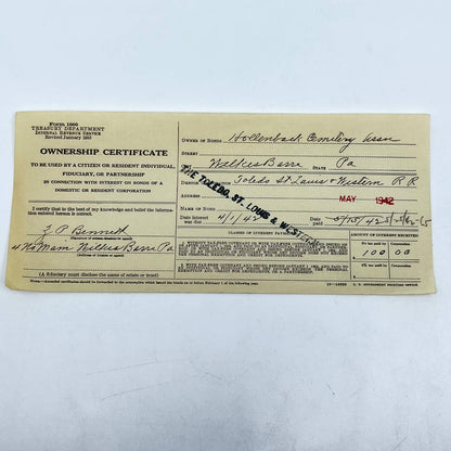 1940 The Toledo, St. Louis & Western Railroad Ownership Certificate AB2