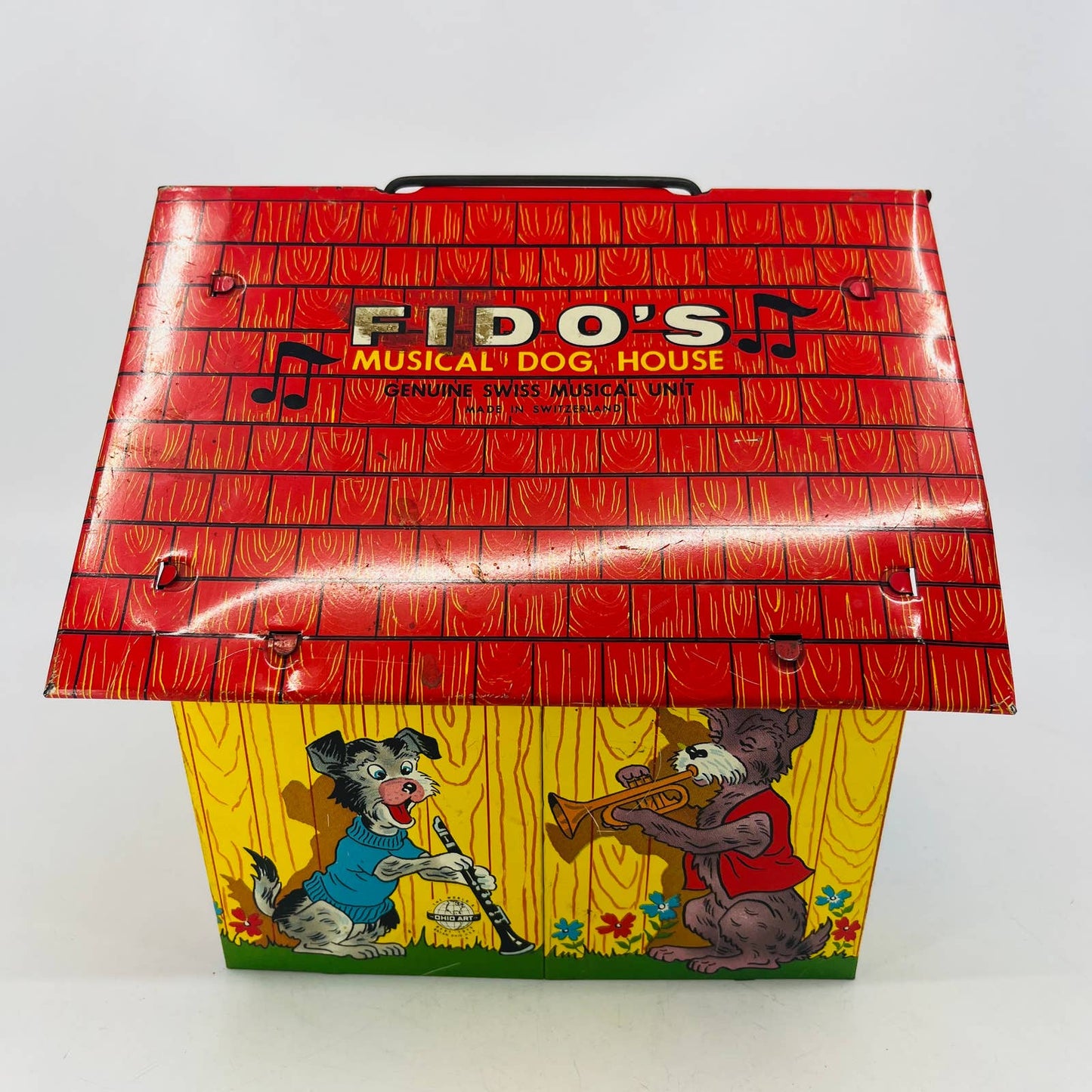 Fido’s Musical Dog House Vintage Tin Litho Wind Up Toy Ohio Art WORKS Swiss TC4