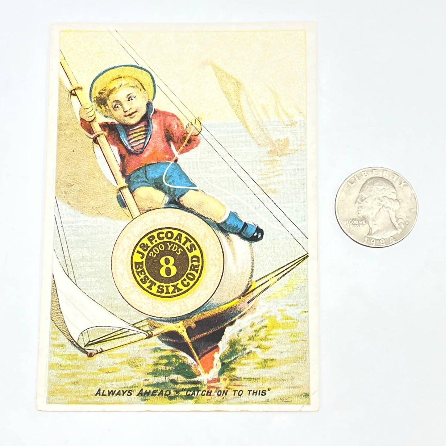 Original 1880s Victorian Trade Card J & P Coates Thread Boy on Sailboat AB6