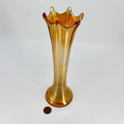 Imperial Glass Marigold Carnival Swung Vase Morning Glory Pattern 8” TD8