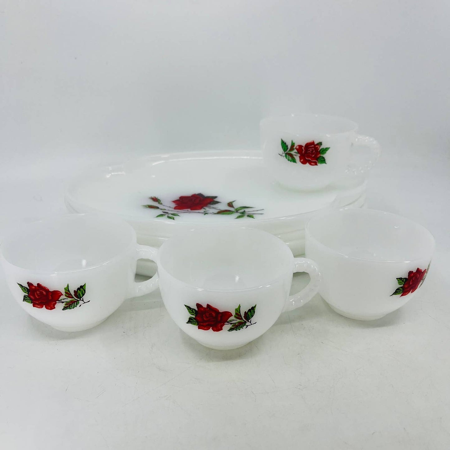 Vintage MCM Atomic 8 Piece Federal Milk Glass Rosecrest Snack Set Roses TC4