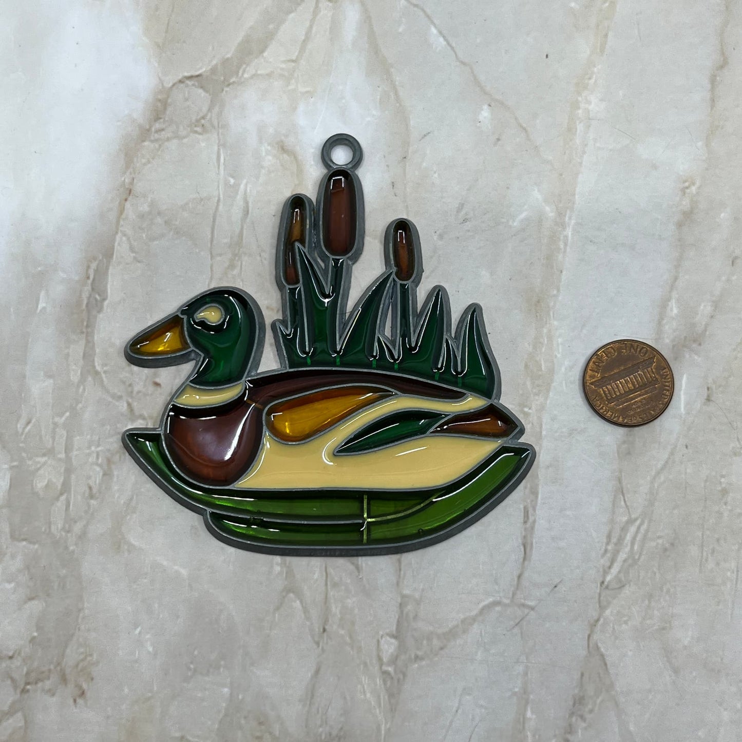1980s Duck & Cattails Stained Glass Suncatcher 3.5" TE5-S1