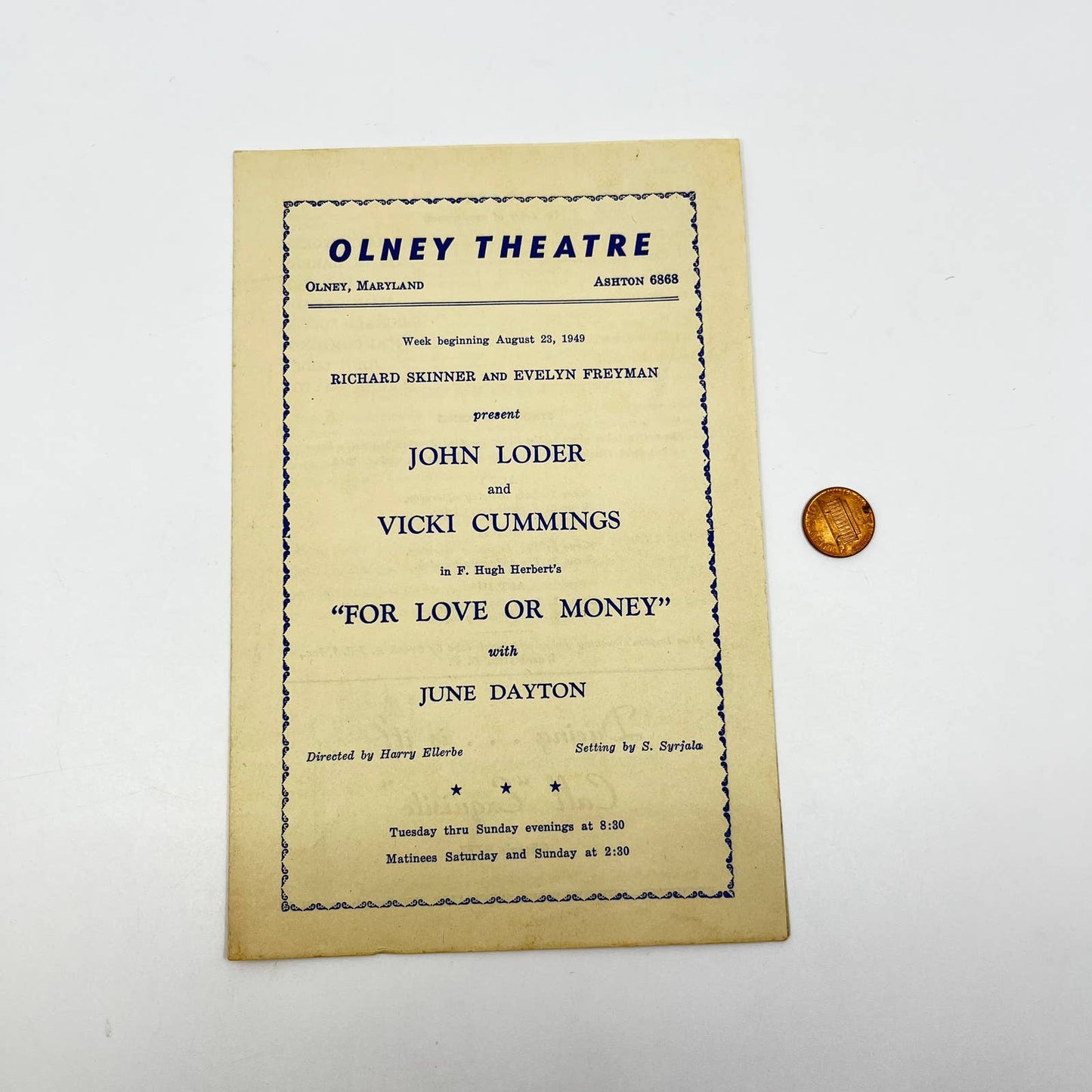 1940s Olney Theatre Program For Love or Money Vicki Cummings Set 2 Maryland AB3