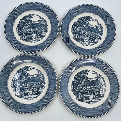 Currier & Ives BLUE Harvest Wheat Royal China Set 4 Dessert Bread Plates 6” TI3