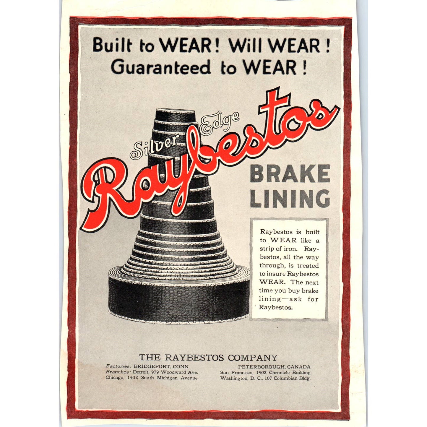 c1920 Harper's Magazine Ad - Silver Edge Raybestos Brake Lining Bridgeport TF6-1