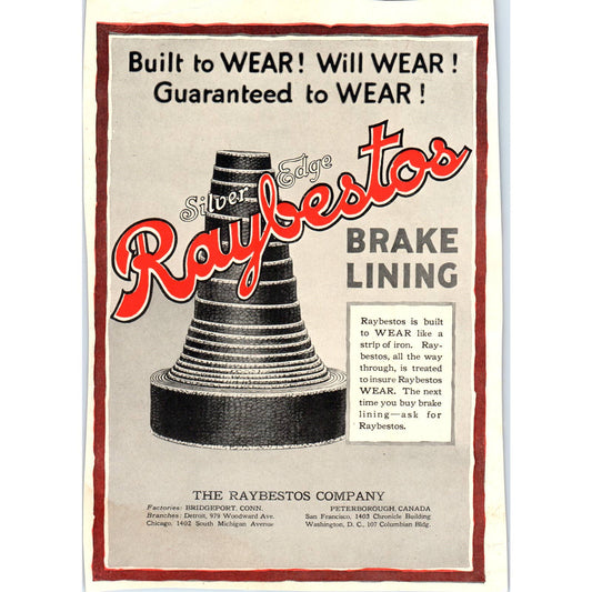 c1920 Harper's Magazine Ad - Silver Edge Raybestos Brake Lining Bridgeport TF6-1