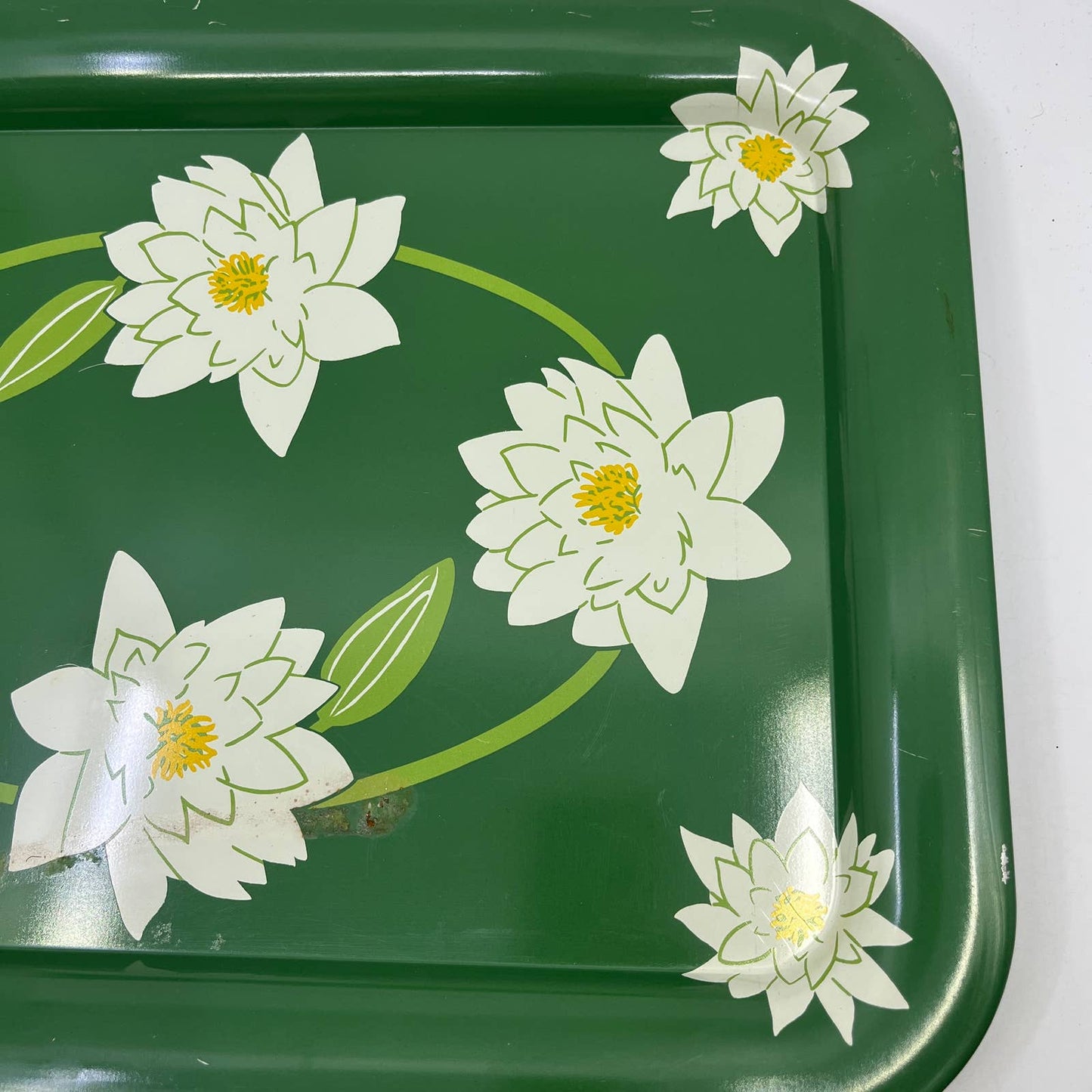 Vintage Toleware Metal Tray Water Lillies White Lotus Flowers 17.5x13" Set Of 2