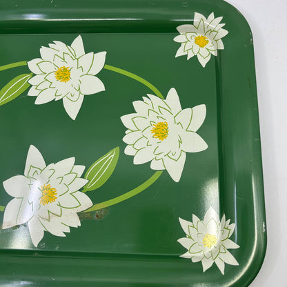 Vintage Toleware Metal Tray Water Lillies White Lotus Flowers 17.5x13" Set Of 2