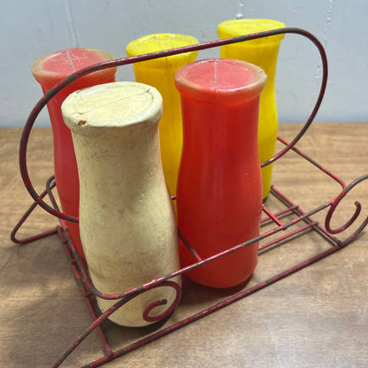 Vintage 1930s Toy Metal Milk Bottle Carrier With 5 Celluloid Milk Bottles TB2