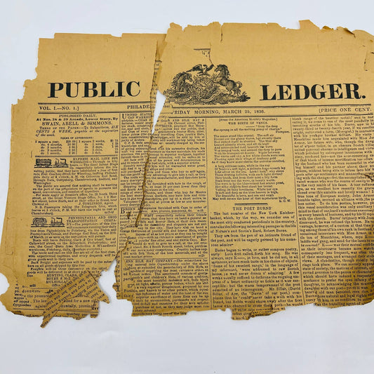 Public Ledger Newspaper Philadelphia March 25 1836 Vol 1 No 1 Robert Burns D6