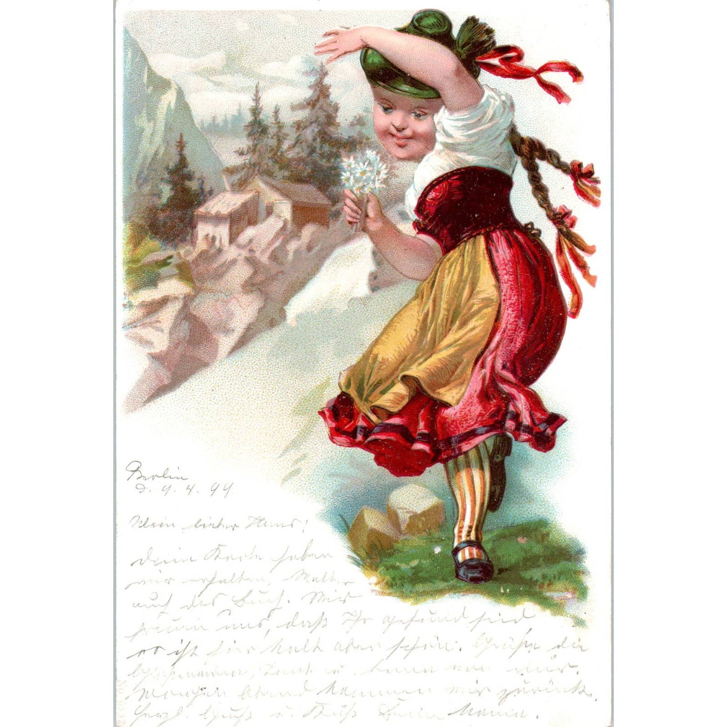 1899 German Girl in Dress Picking Flowers Leipzig Original Postcard TK1-21