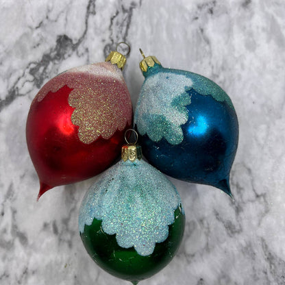 Vintage Lot of 3 Teardrop Mercury Glass Ornaments Red Blue Green Mica OT1