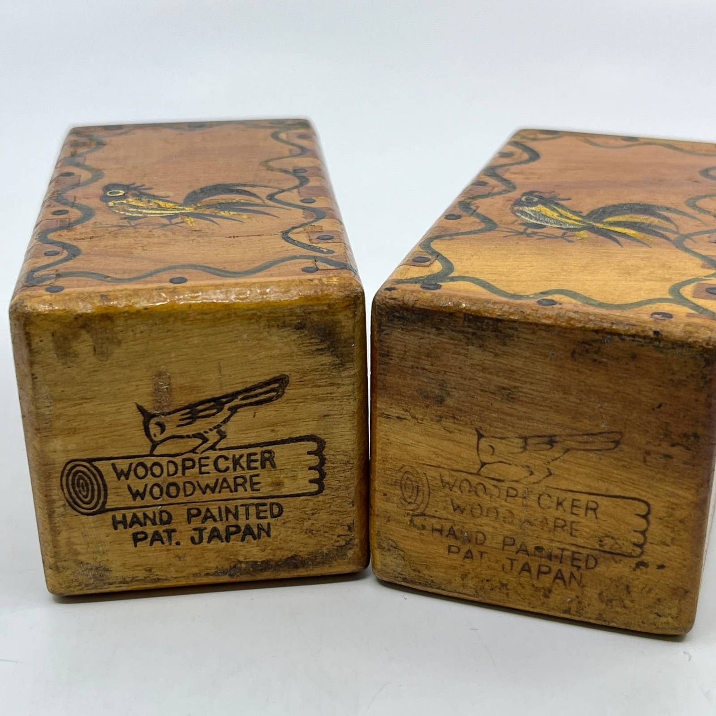 Vintage Wooden Rooster Salt and Pepper Shaker Set Woodpecker Woodware TI2