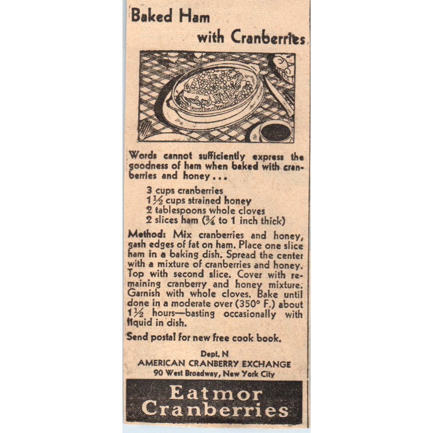 1935 Minneapolis Journal Newspaper Ad Eatmor Cranberries w/ Ham Recipe FL5-4
