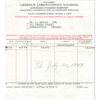 1916 Lederle Laboratories Division American Cyanamid Company Invoice AD8