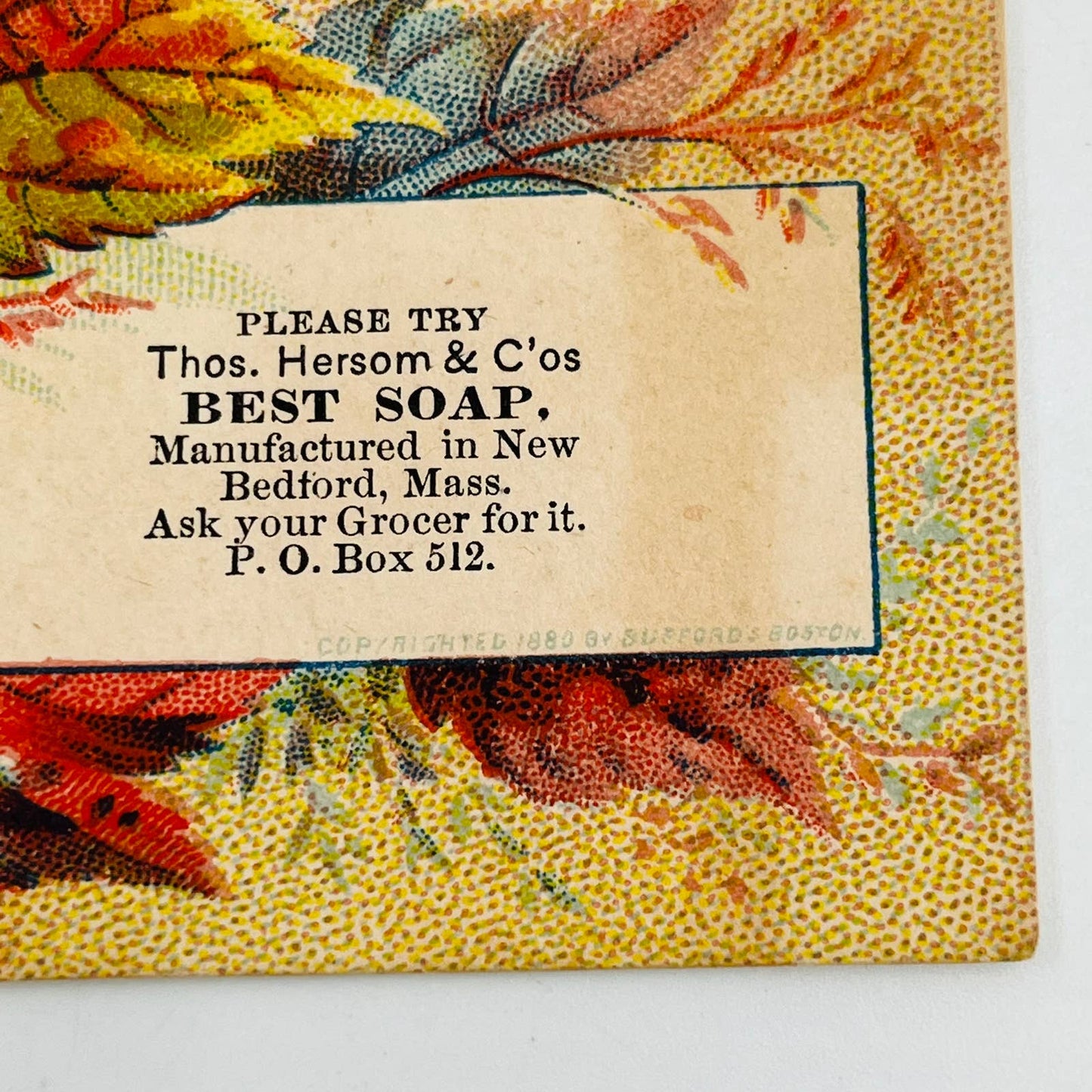 1880 Victorian Trade Card Autumn Thos. Hersom & C’os BEST SOAP Bedford Mass. AA2