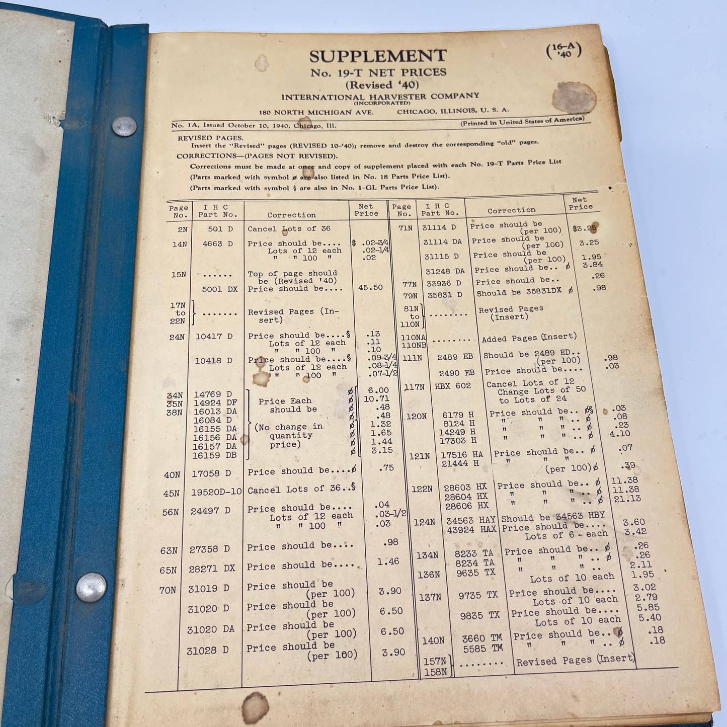 1940 International Harvester Parts Price List 19-T Tractors~Engines TF8