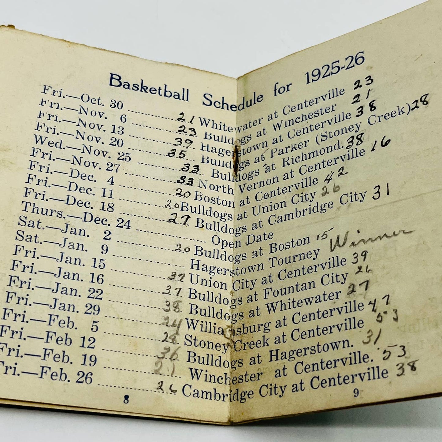 1925-26 Season Basketball Schedule Centerville Indiana High School Bulldogs C13