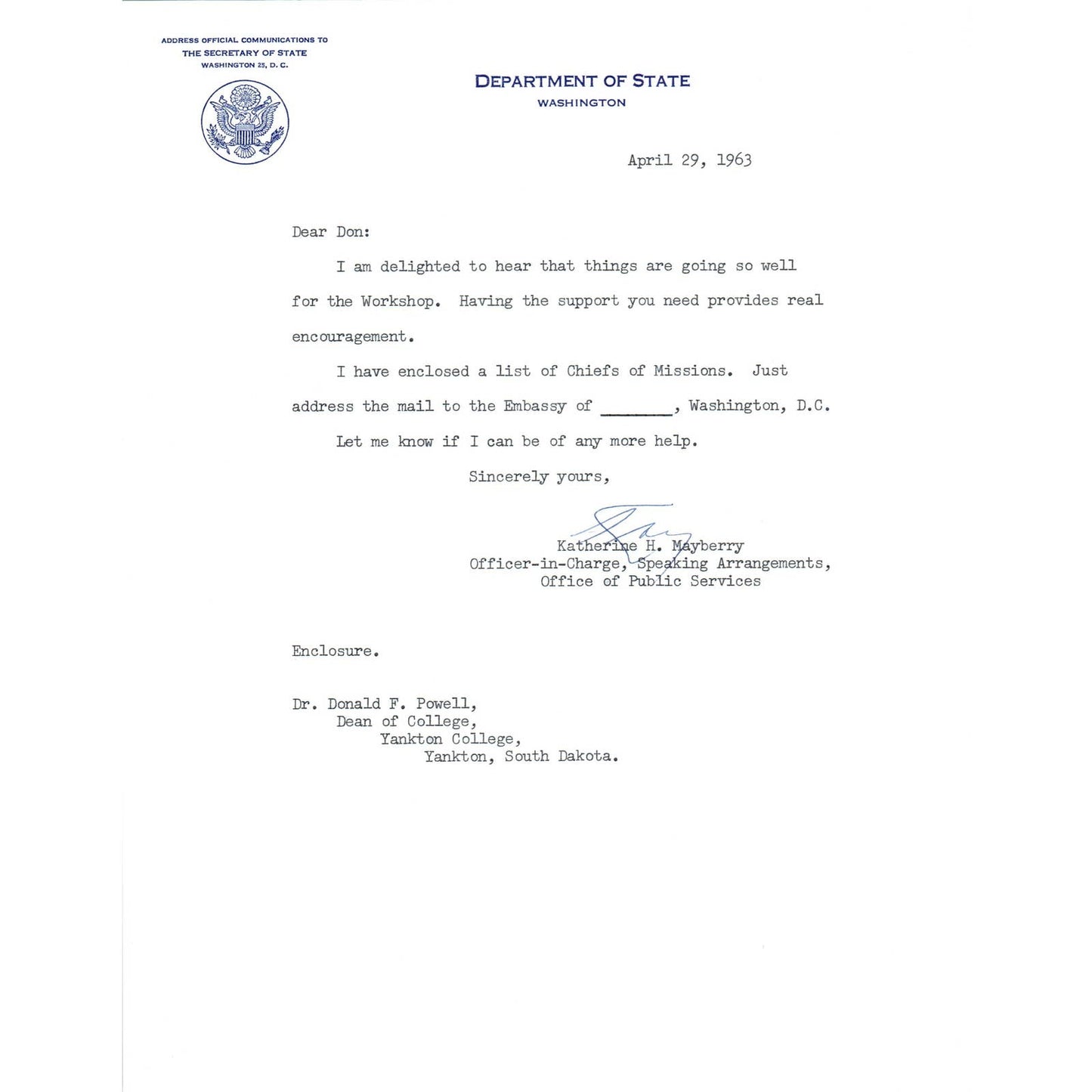 US Department of State Official Letterhead Memo April 29 1963 TK1-P11