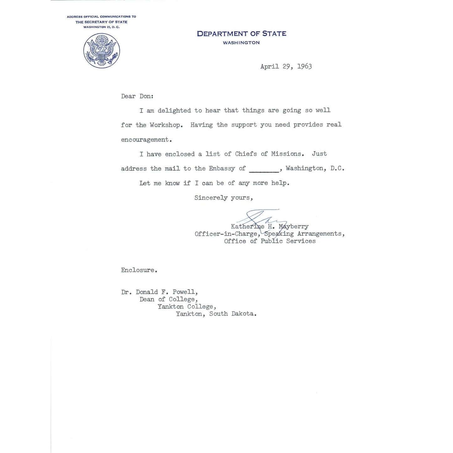 US Department of State Official Letterhead Memo April 29 1963 B15