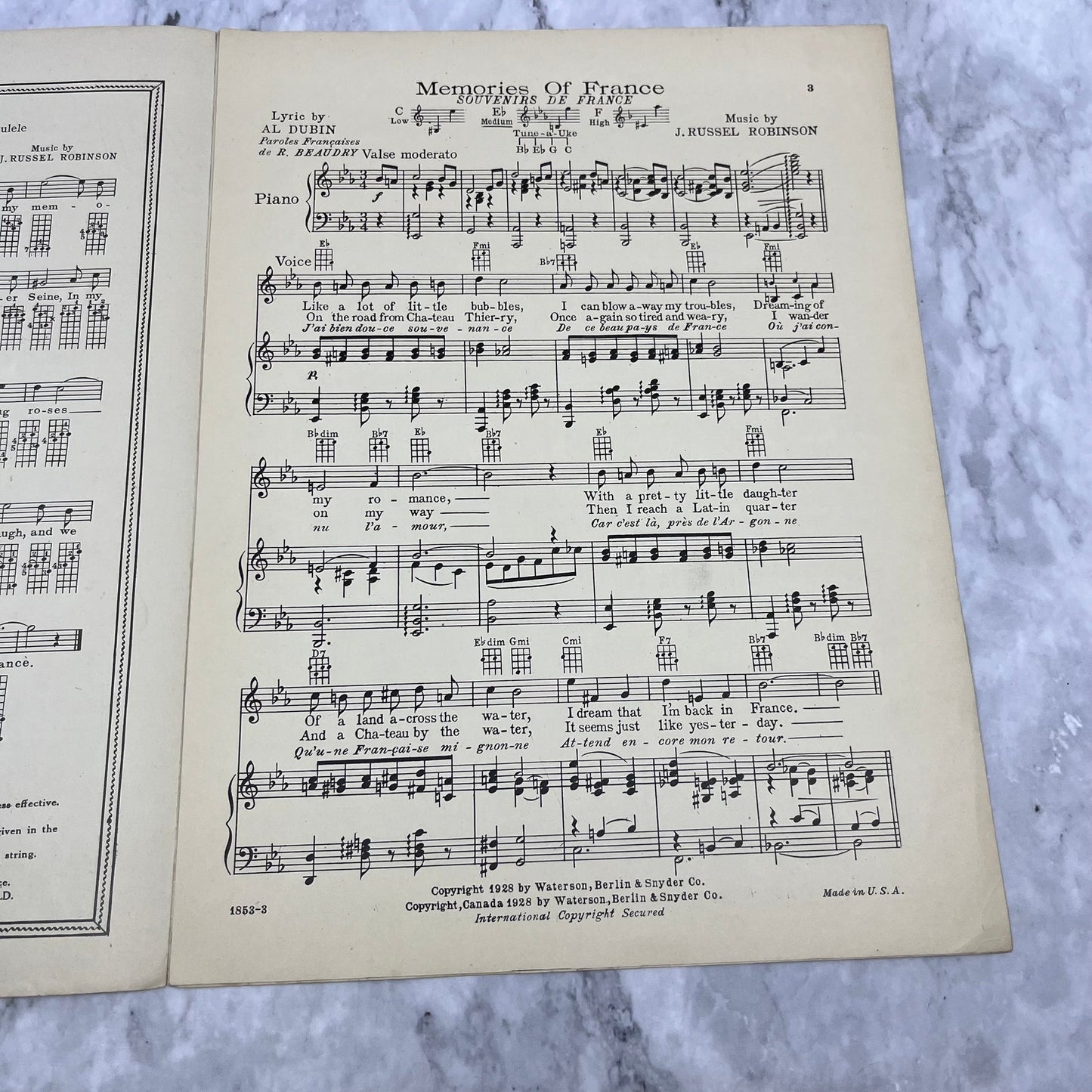 1928 Memories of France Al Dubin J Russel Robinson Vintage Sheet Music V39-4