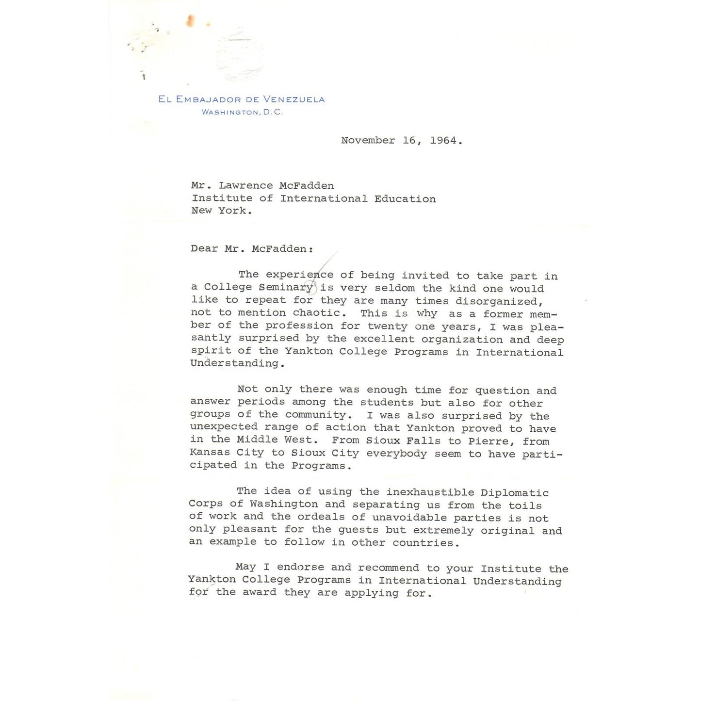 Venezuelan Ambassador Enrique Tejera-Paris Letterhead Memo 1964 TK1-P4