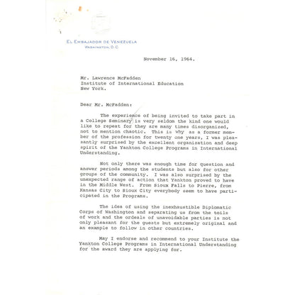 Venezuelan Ambassador Enrique Tejera-Paris Letterhead Memo 1964 TK1-P4