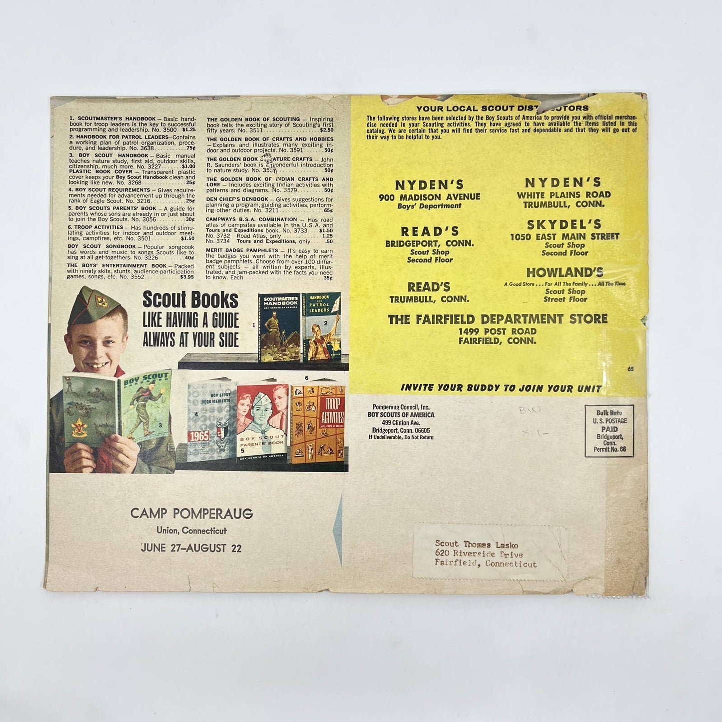 Vintage 1965 Boy Scouts Catalog Camp Pomperaug Union CT TF6