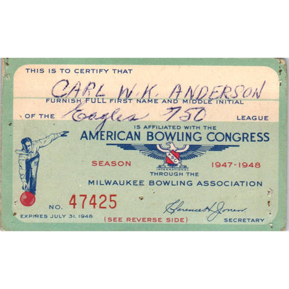 1947 American Bowling Congress Milwaukee Membership Card Eagles 750 SE5-4