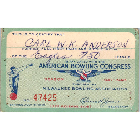 1947 American Bowling Congress Milwaukee Membership Card Eagles 750 SE5-4