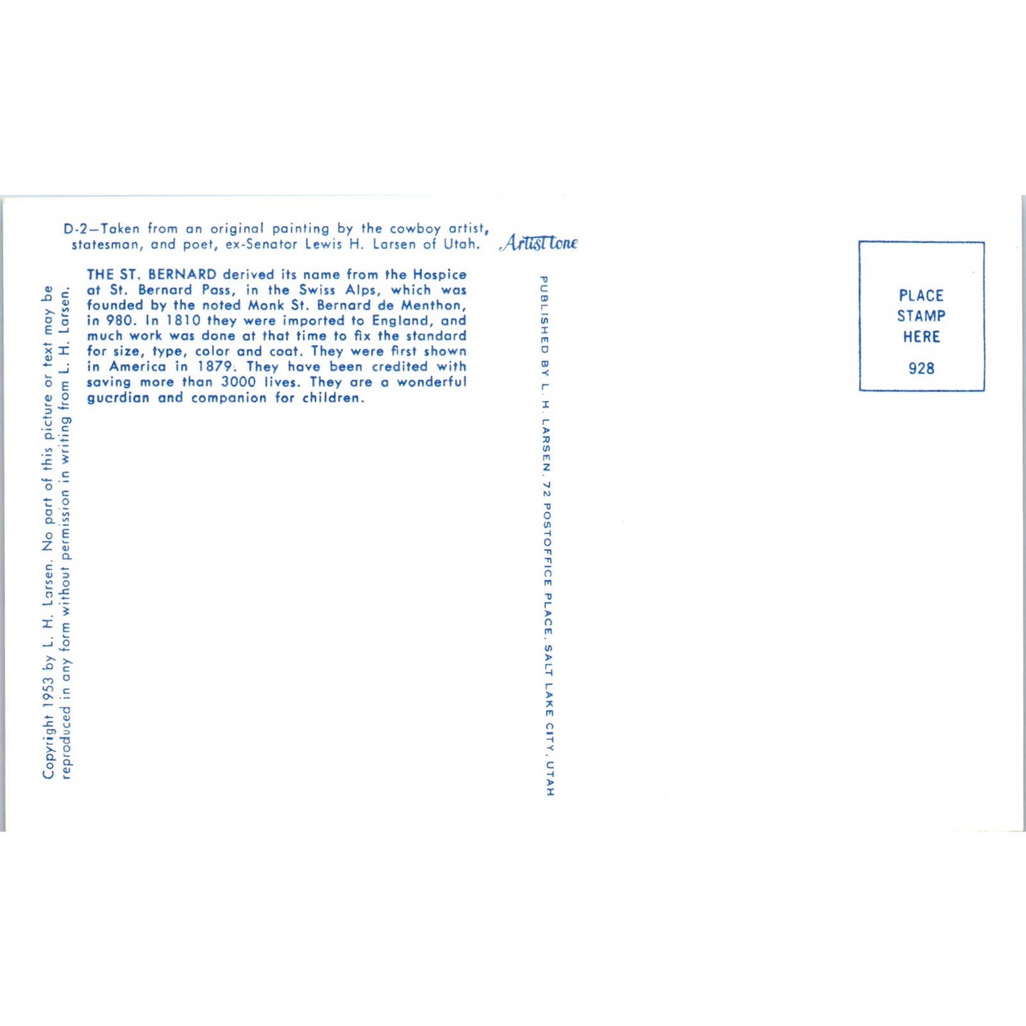 Lewis H. Larsen 1953 St. Bernard Dog Painting Original Postcard TK1-27
