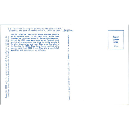 Lewis H. Larsen 1953 St. Bernard Dog Painting Original Postcard TK1-27