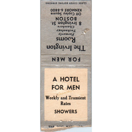 The Irvington Rooms Hotel Boston Advertising Matchbook Cover MM9-10