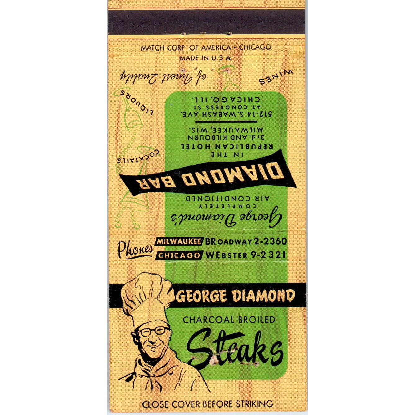 George Diamond Steaks Milwaukee Chicago Advertising Matchbook Cover MM9-6