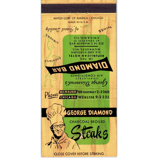 George Diamond Steaks Milwaukee Chicago Advertising Matchbook Cover MM9-6